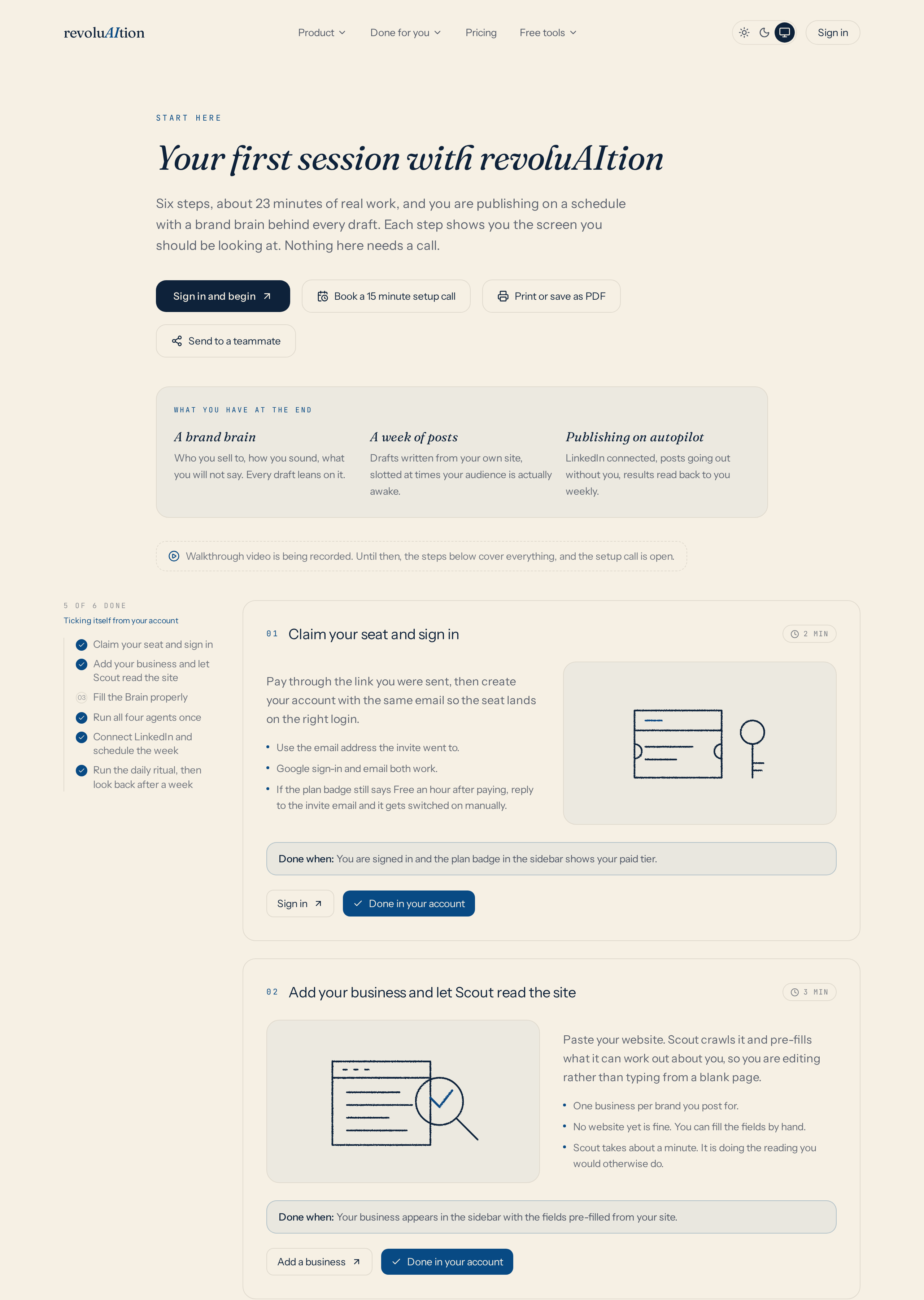 The start guide walks the same six steps and ticks itself off as you complete them in your account.